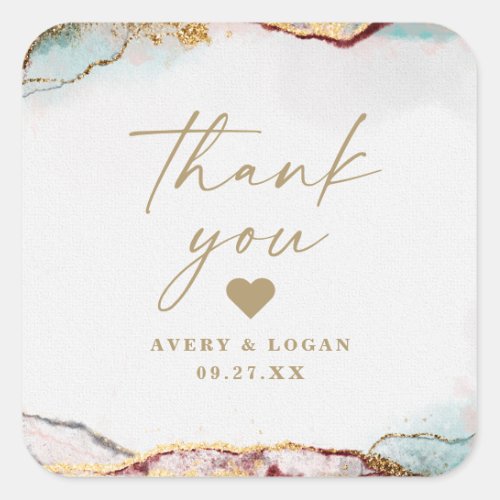 Modern Abstract Wine Red  Gold Wedding Thank You Square Sticker