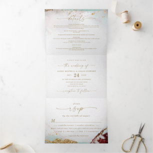 Modern Abstract Wine Red & Gold Winter Wedding Tri-Fold Invitation