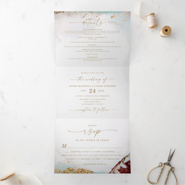 Modern Abstract Wine Red & Gold Winter Wedding Tri-Fold Invitation (Inside)
