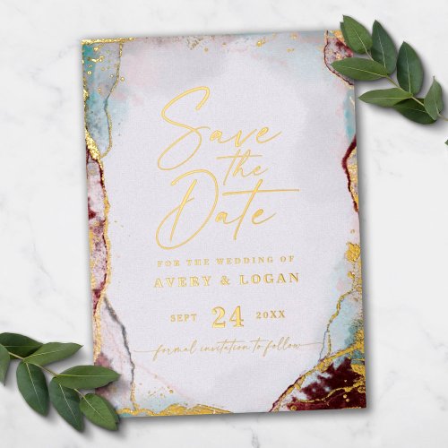 Modern Abstract Wine Red Save the Date Real Gold Foil Invitation