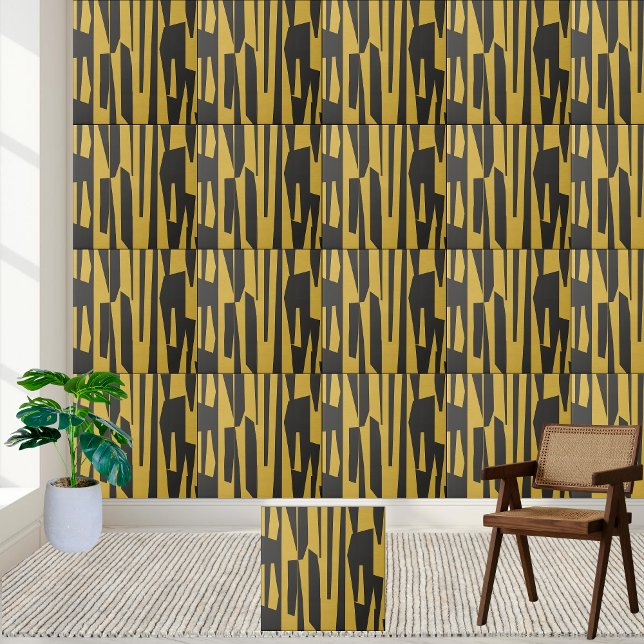 Modern Abstract Yellow and Black Geometric  Ceramic Tile (Modern Abstract Yellow and Black Geometric Ceramic Tile)