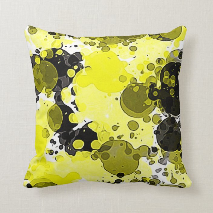 Modern Abstract Yellow and Black Paint Splatter Throw Pillow