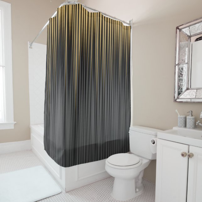 Modern Abstract Yellow Black Pointy Lines Shower Curtain (In Situ)