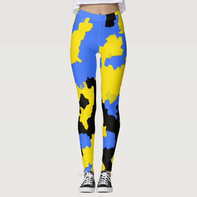 Modern Abstract Yellow Blue Black Pattern Design Leggings (Front)