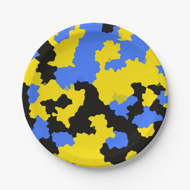 Modern Abstract Yellow Blue Black Pattern Design Paper Plates (Front)