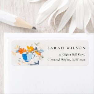 Modern Abstract Yellow Blue Floral Tea Cup Address Label