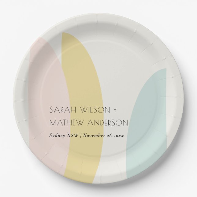 Modern Abstract Yellow Blush Aqua Blue Wedding  Paper Plates (Front)