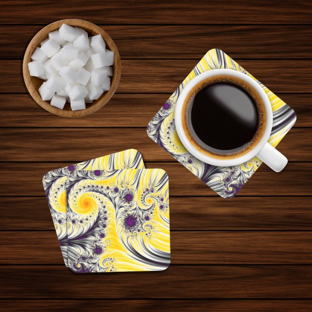 Modern Abstract Yellow Fractal Square Paper Coaster (Creator Uploaded)