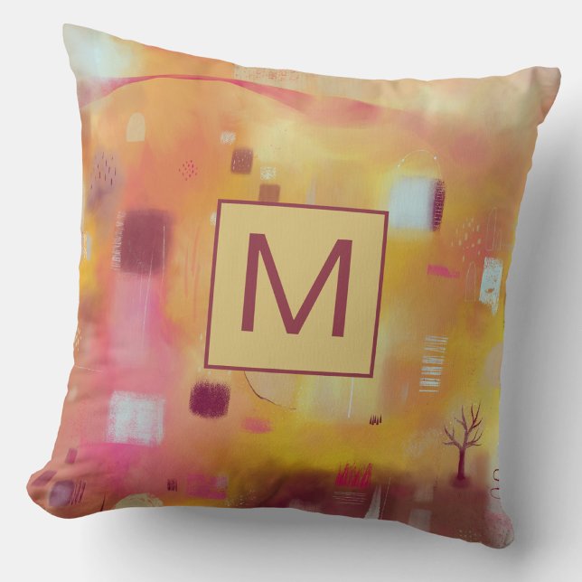 Modern Abstract Yellow Monogram Throw Pillow (Monogram initial personalized yellow ochre a abstract art throw pillow)