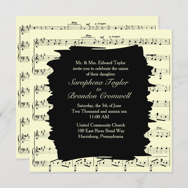 Modern Abstract Yellow Music Wedding Invitation (Front/Back)