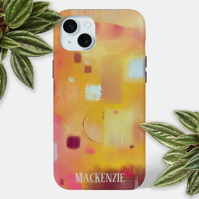 Modern Abstract Yellow Personalized Case-Mate iPhone Case (Yellow abstract art personalized name cell phone case)