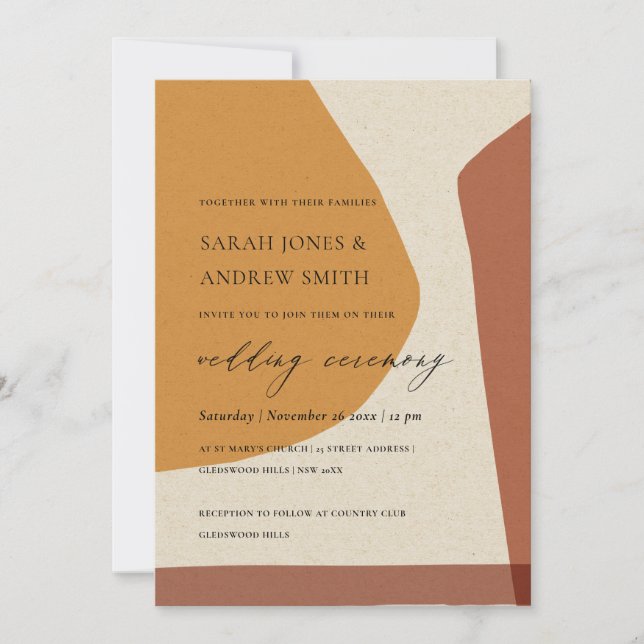 MODERN ABSTRACT YELLOW TERRACOTTA ARTISTIC WEDDING INVITATION (Front)
