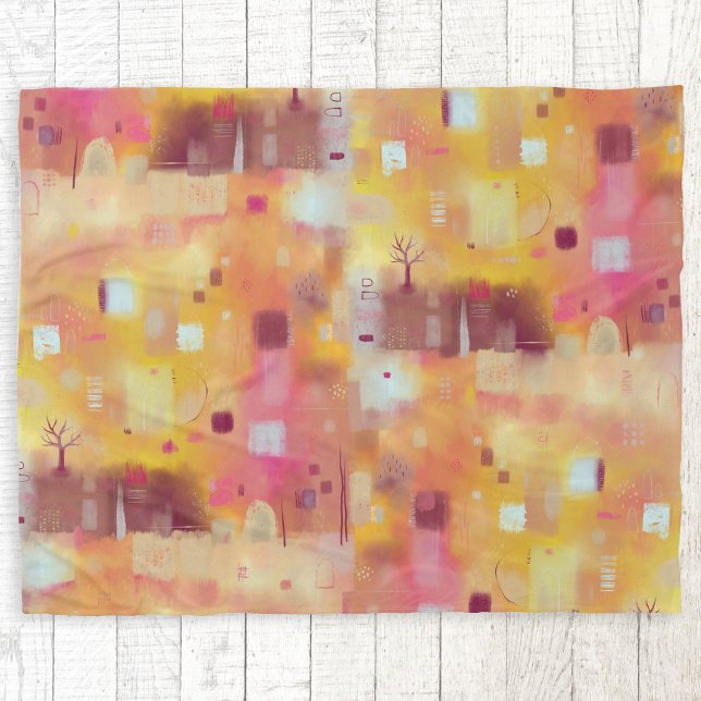 Modern Abstract Yellow Watercolor Art Fleece Blanket (Yellow and pink abstract landscape painting art fleece blanket)