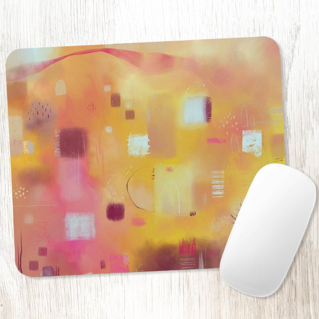 Modern Abstract Yellow Watercolor Art Mouse Pad (Yellow and pink modern contemporary abstract painting art mousemat)