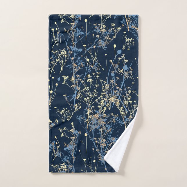 Modern Abstract Yellow Wildflowers on Dark Blue Bath Towel Set (Hand Towel)