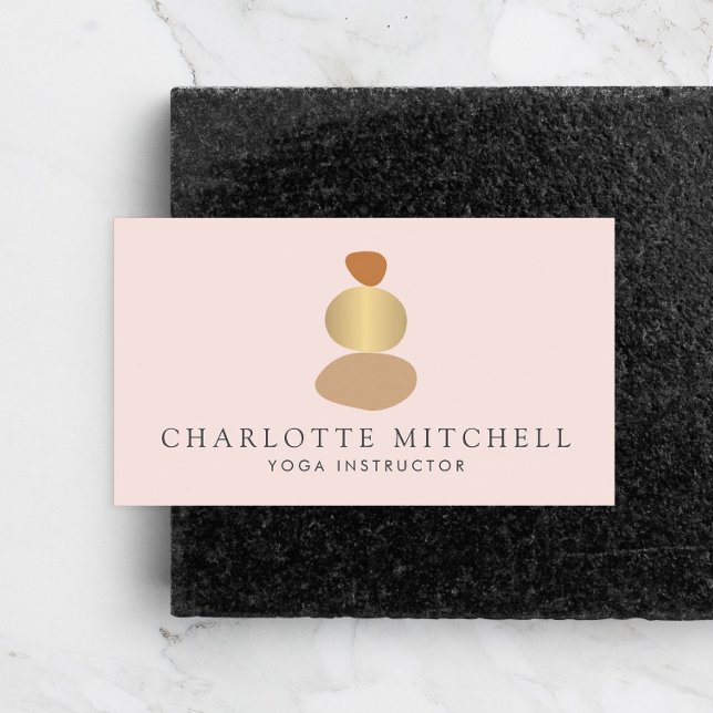Modern Abstract Zen Stones Gold and Pink Logo Yoga Business Card (Creator Uploaded)