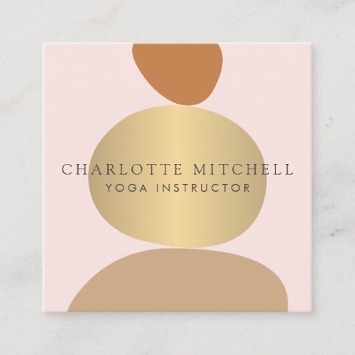 Modern Abstract Zen Stones Gold and Pink Logo Yoga Square Business Card