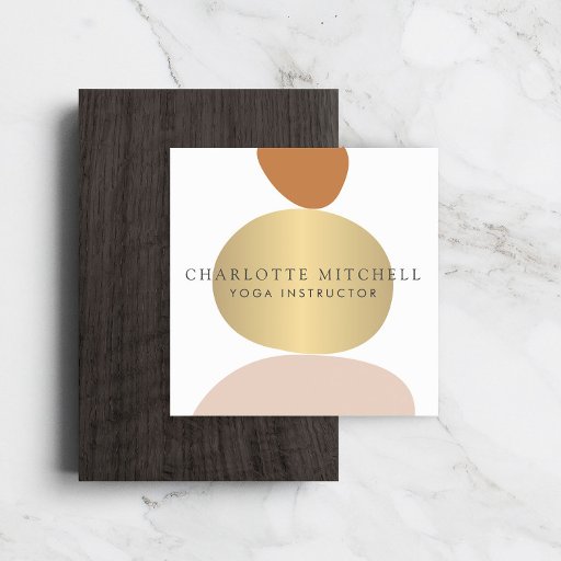 Customizable Modern Abstract Zen Stones Gold Logo Yoga, Massage Square Business Card