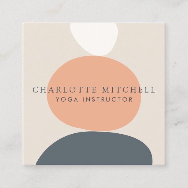 Modern Abstract Zen Stones Peach/Blue Logo Yoga Square Business Card (Front)