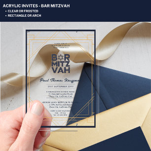 Modern Acrylic BAR MITZVAH Navy Gold Modern Clear Invitations