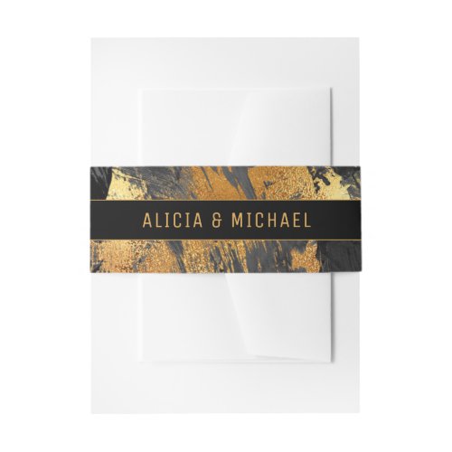 Modern acrylic painting black gold wedding invitation belly band