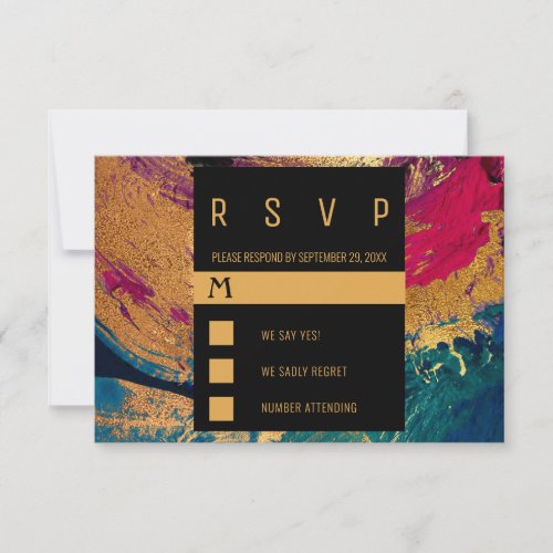 Modern acrylic painting black gold wedding RSVP card