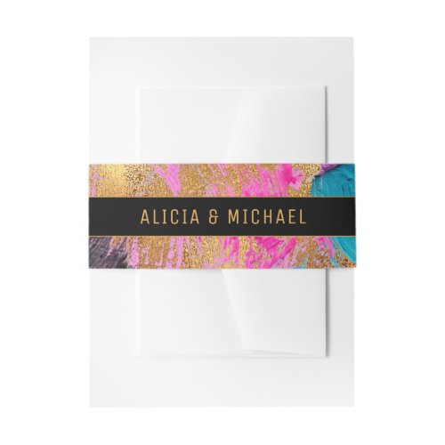 Modern acrylic painting colorful gold wedding invitation belly band