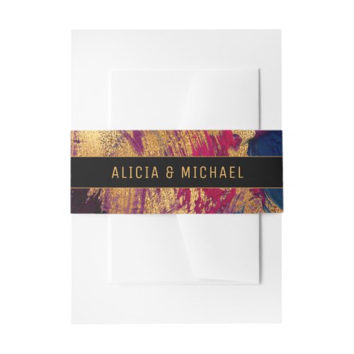 Modern acrylic painting colorful gold wedding invitation belly band