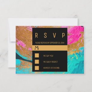 Modern acrylic painting colorful gold wedding RSVP card