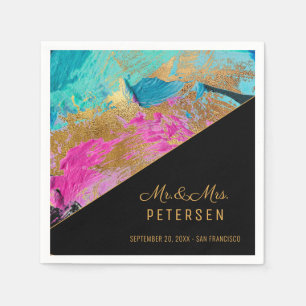 Modern acrylic painting gold wedding Mr & Mrs Napkins