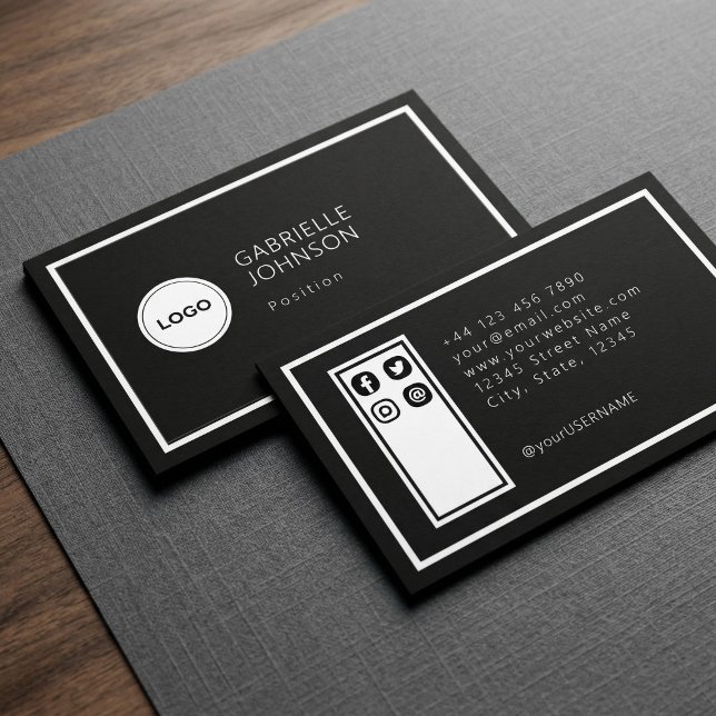 Modern Add Logo Circle Professional Black White Business Card (Creator Uploaded)