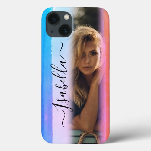 Modern Add Your Own Photo Custom Name Watercolor C iPhone 13 Case
