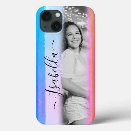 Modern Add Your Own Photo Custom Name Watercolor iPhone 13 Case