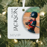 Modern Add Your Photo Baseball Card Metal Ornament<br><div class="desc">This modern design is perfect for the baseball player in your family. Add a photo of them and they will love this personalized gift. You'll add their name on the front. On the reverse you can add the highlights of the last season as well as the team they play for....</div>