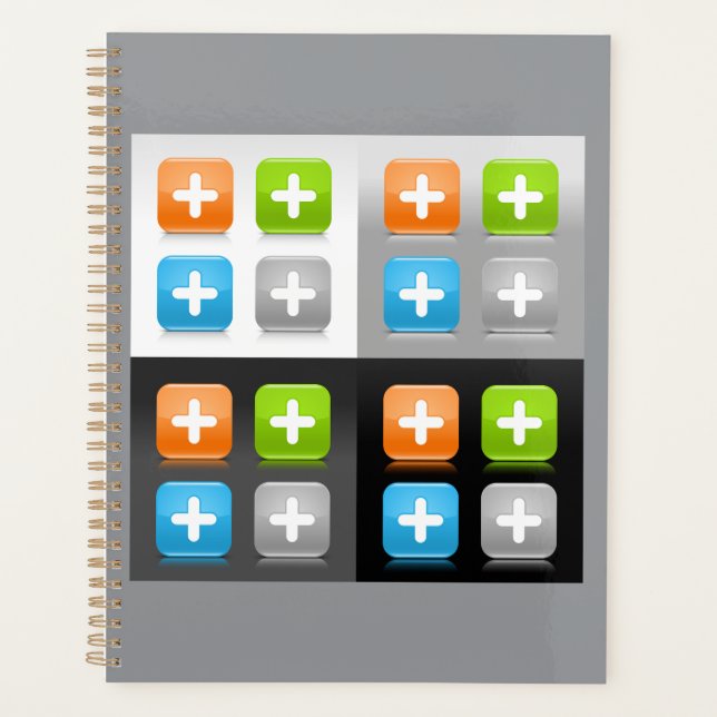 Modern Addition Math Symbol Shiny Glassy Icons Planner (Front)