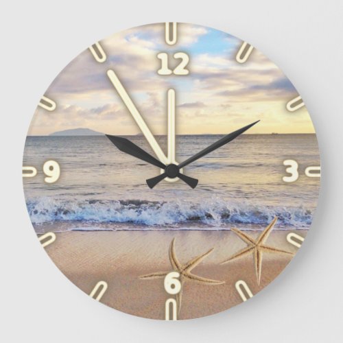Modern Adorable   Beach SunsetSea stars Large Clock