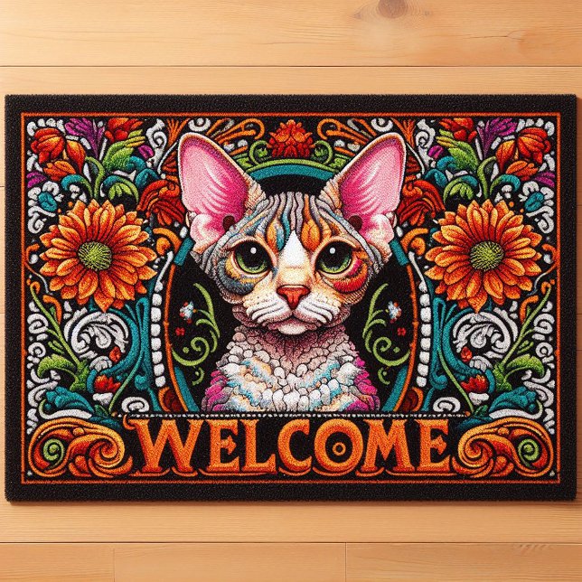 Modern Adorable Devon Rex Cat Vibrant Welcome Doormat (Creator Uploaded)