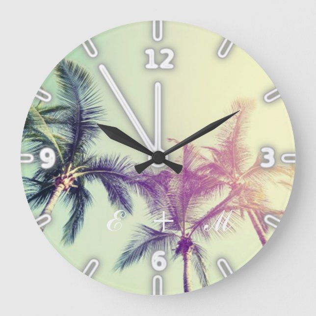 Modern Adorable Tropical Beach, Palms -Monogram Large Clock (Front)