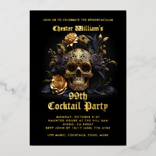 Modern Adult Halloween Party Black Gold Skull Rose Foil Invitation