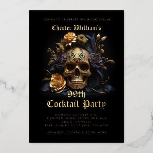 Modern Adult Halloween Party Black Gold Skull Rose Foil Invitation