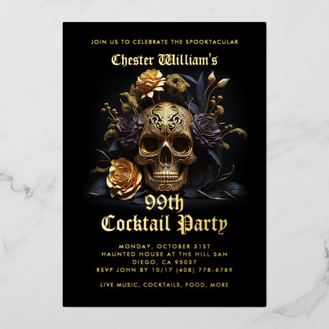 Modern Adult Halloween Party Black Gold Skull Rose Foil Invitation (Front)