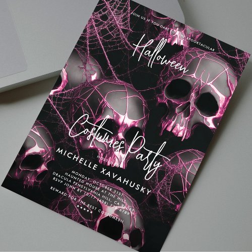 Modern Adult Halloween Party Black Pink Skull  Invitation