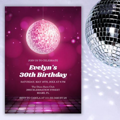 Modern Adult Pink Disco Party 30th Birthday Invitation