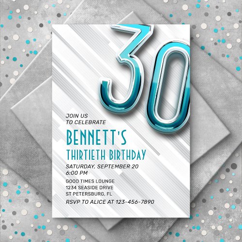 Modern Adult Teal 30th Birthday Invitation