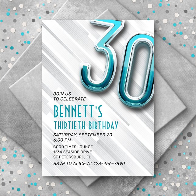 Modern Adult Teal 30th Birthday Invitation (Creator Uploaded)