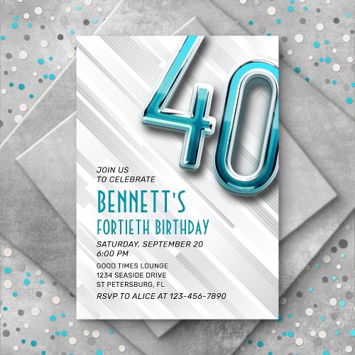 Modern Adult Teal 40th Birthday Invitation