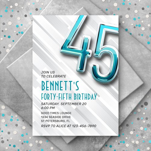 Modern Adult Teal 45th Birthday Invitation