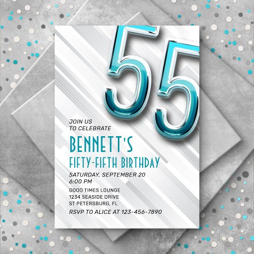 Modern Adult Teal 55th Birthday Invitation