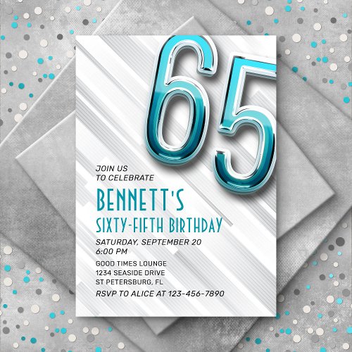 Modern Adult Teal 65th Birthday Invitation