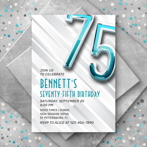 Modern Adult Teal 75th Birthday Invitation